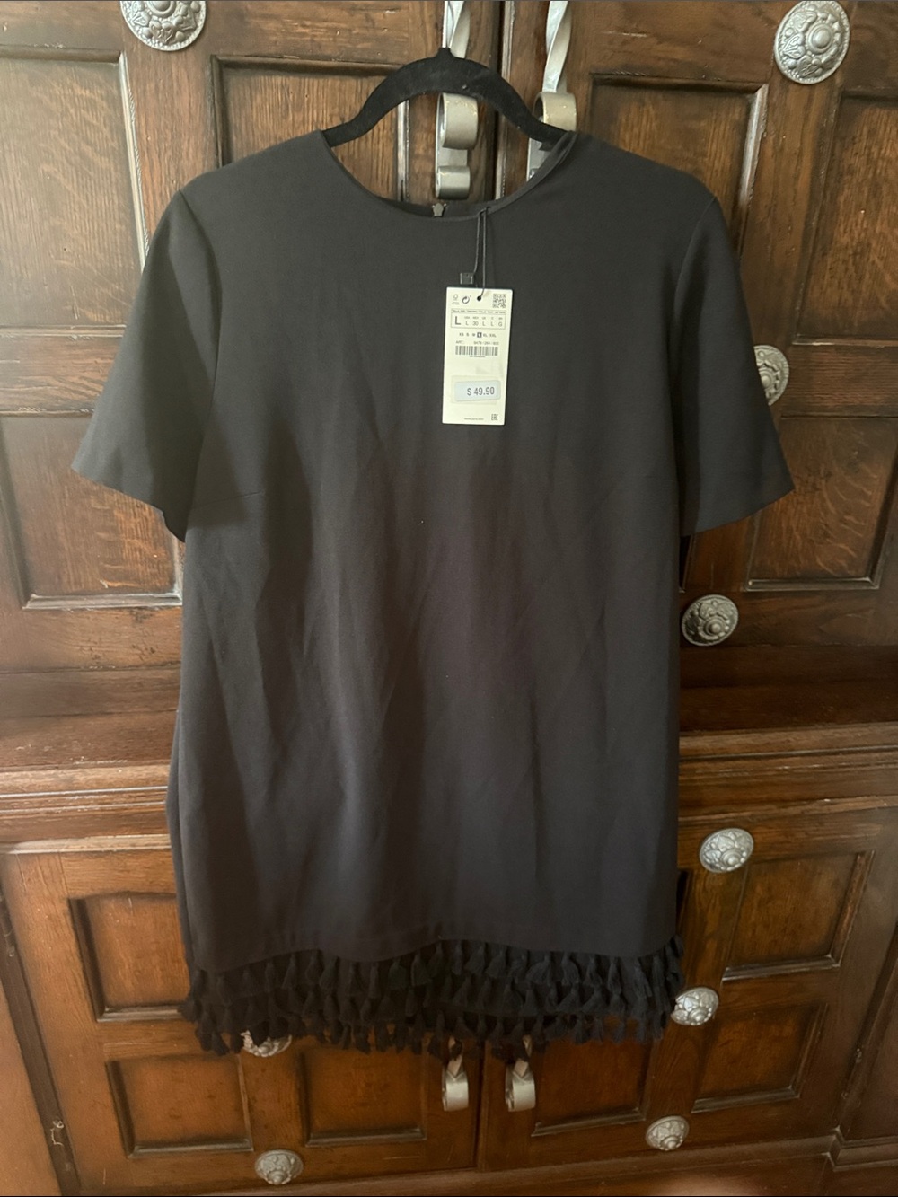 Zara Black Short Sleeve Dress with Tassel Fringe